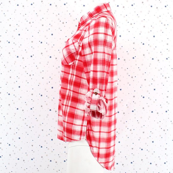 Knit Plaid Button Up Shirt Hi Lo Hem Red Off White - Picture 5 of 8